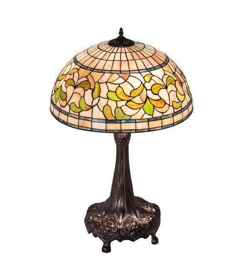 Meyda Lighting Tiffany Turning Leaf 31" 3-Light Mahogany Bronze Table Lamp With Green & Beige Stained Shade Glass