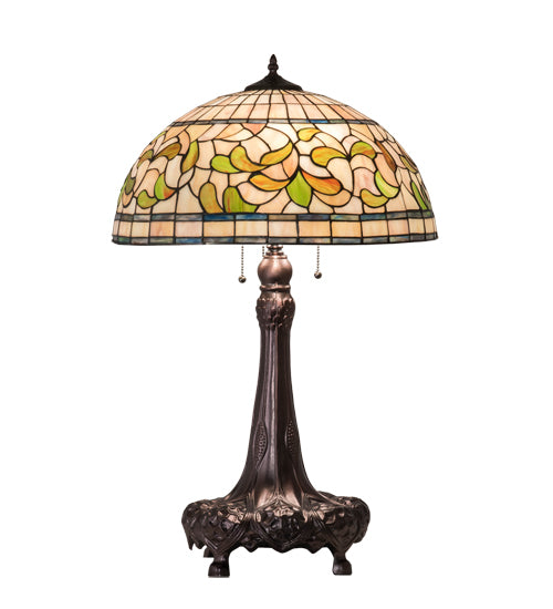 Meyda Lighting Tiffany Turning Leaf 31" 3-Light Mahogany Bronze Table Lamp With Green & Beige Stained Shade Glass