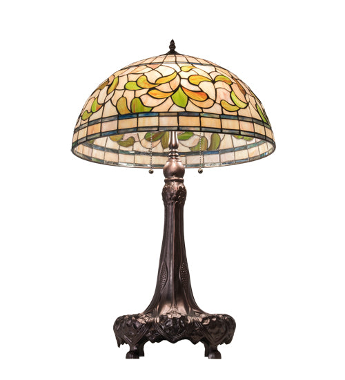 Meyda Lighting Tiffany Turning Leaf 31" 3-Light Mahogany Bronze Table Lamp With Green & Beige Stained Shade Glass