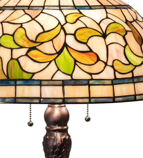 Meyda Lighting Tiffany Turning Leaf 31" 3-Light Mahogany Bronze Table Lamp With Green & Beige Stained Shade Glass