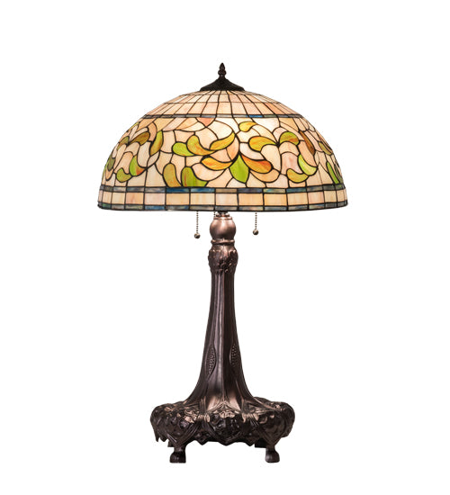 Meyda Lighting Tiffany Turning Leaf 31" 3-Light Mahogany Bronze Table Lamp With Green & Beige Stained Shade Glass
