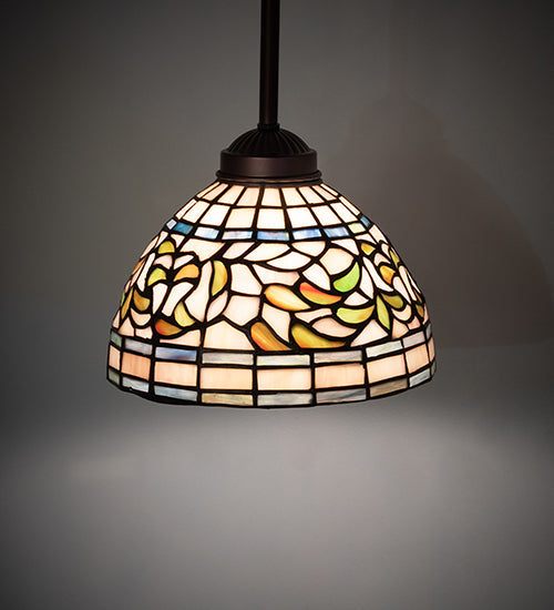 Meyda Lighting Tiffany Turning Leaf 8" Mahogany Bronze Mini Pendant Light With Multi-Colored Shade Glass