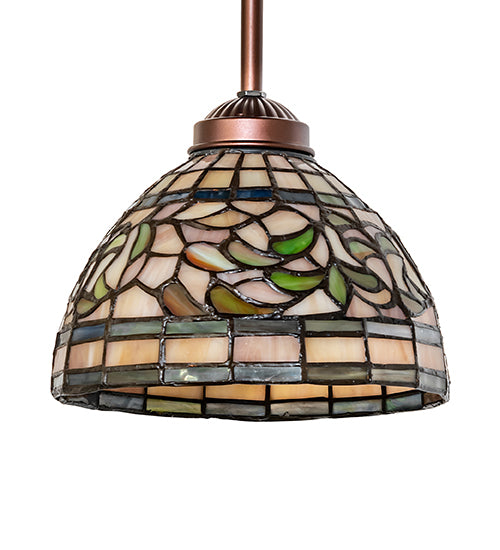 Meyda Lighting Tiffany Turning Leaf 8" Mahogany Bronze Mini Pendant Light With Multi-Colored Shade Glass