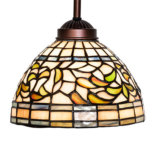 Meyda Lighting Tiffany Turning Leaf 8" Mahogany Bronze Mini Pendant Light With Multi-Colored Shade Glass