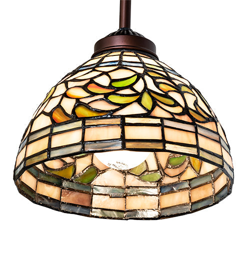 Meyda Lighting Tiffany Turning Leaf 8" Mahogany Bronze Mini Pendant Light With Multi-Colored Shade Glass