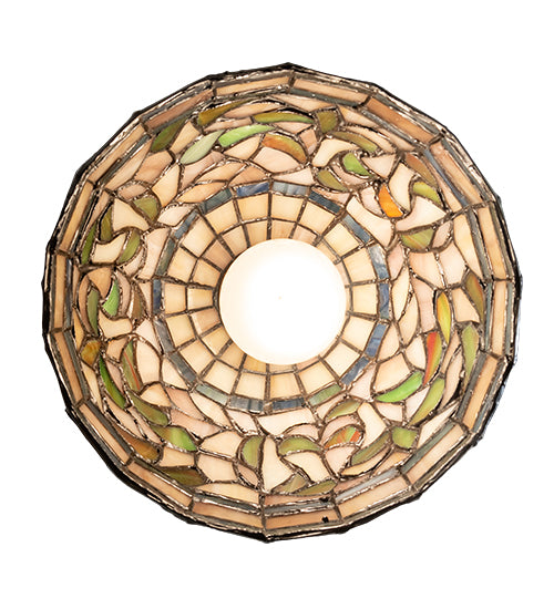 Meyda Lighting Tiffany Turning Leaf 8" Mahogany Bronze Mini Pendant Light With Multi-Colored Shade Glass