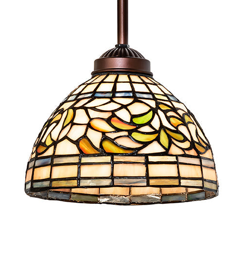 Meyda Lighting Tiffany Turning Leaf 8" Mahogany Bronze Mini Pendant Light With Multi-Colored Shade Glass