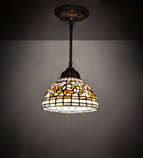Meyda Lighting Tiffany Turning Leaf 8" Mahogany Bronze Mini Pendant Light With Multi-Colored Stained Shade Glass