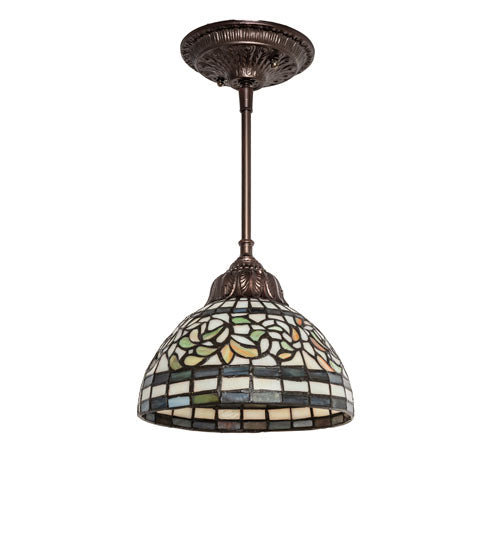 Meyda Lighting Tiffany Turning Leaf 8" Mahogany Bronze Mini Pendant Light With Multi-Colored Stained Shade Glass