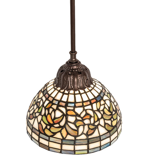 Meyda Lighting Tiffany Turning Leaf 8" Mahogany Bronze Mini Pendant Light With Multi-Colored Stained Shade Glass