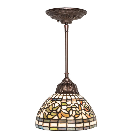 Meyda Lighting Tiffany Turning Leaf 8" Mahogany Bronze Mini Pendant Light With Multi-Colored Stained Shade Glass