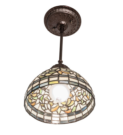 Meyda Lighting Tiffany Turning Leaf 8" Mahogany Bronze Mini Pendant Light With Multi-Colored Stained Shade Glass