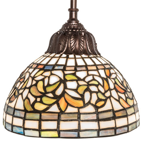 Meyda Lighting Tiffany Turning Leaf 8" Mahogany Bronze Mini Pendant Light With Multi-Colored Stained Shade Glass