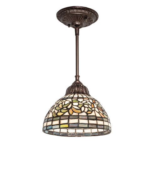 Meyda Lighting Tiffany Turning Leaf 8" Mahogany Bronze Mini Pendant Light With Multi-Colored Stained Shade Glass
