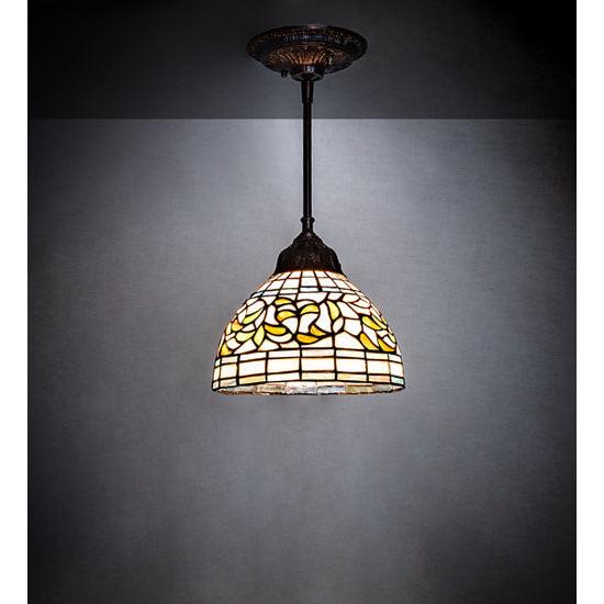 Meyda Lighting Tiffany Turning Leaf 8" Mahogany Bronze Mini Pendant Light With Stained Shade Glass