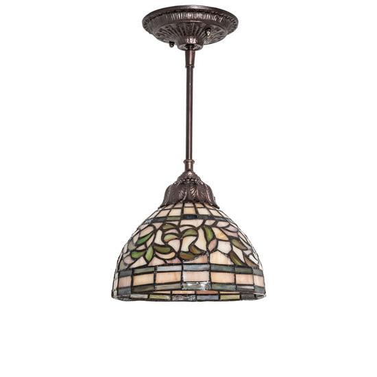 Meyda Lighting Tiffany Turning Leaf 8" Mahogany Bronze Mini Pendant Light With Stained Shade Glass