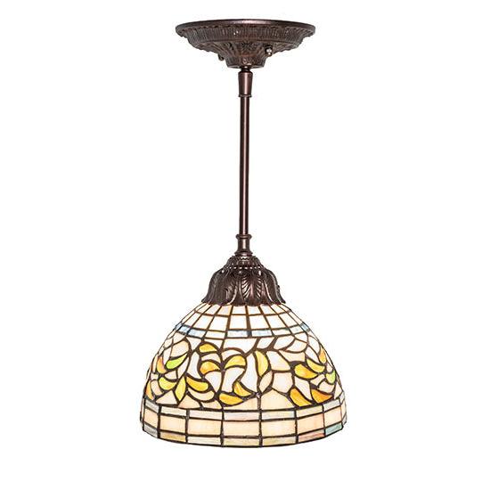 Meyda Lighting Tiffany Turning Leaf 8" Mahogany Bronze Mini Pendant Light With Stained Shade Glass