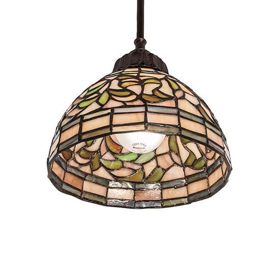 Meyda Lighting Tiffany Turning Leaf 8" Mahogany Bronze Mini Pendant Light With Stained Shade Glass