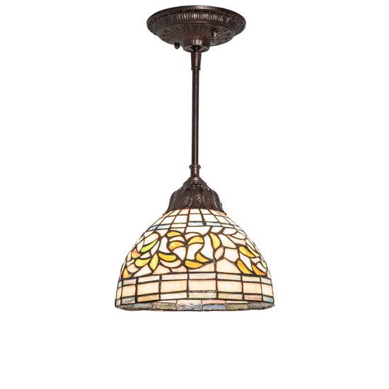 Meyda Lighting Tiffany Turning Leaf 8" Mahogany Bronze Mini Pendant Light With Stained Shade Glass