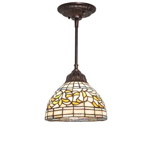 Meyda Lighting Tiffany Turning Leaf 8" Mahogany Bronze Mini Pendant Light With Stained Shade Glass