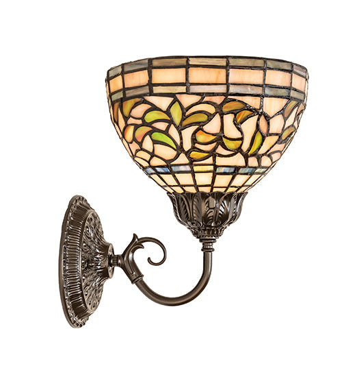 Meyda Lighting Tiffany Turning Leaf 8" Mahogany Bronze Wall Sconce With Multi-Colored Stained Shade Glass