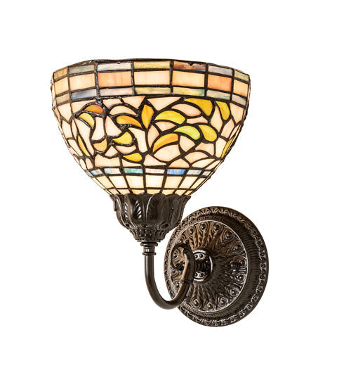 Meyda Lighting Tiffany Turning Leaf 8" Mahogany Bronze Wall Sconce With Multi-Colored Stained Shade Glass