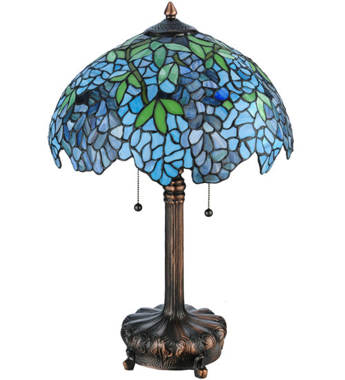 Meyda Lighting Tiffany Wisteria 25" 2-Light Mahogany Bronze Table Lamp With Blue and Green Shade Glass