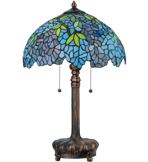Meyda Lighting Tiffany Wisteria 25" 2-Light Mahogany Bronze Table Lamp With Blue and Green Shade Glass