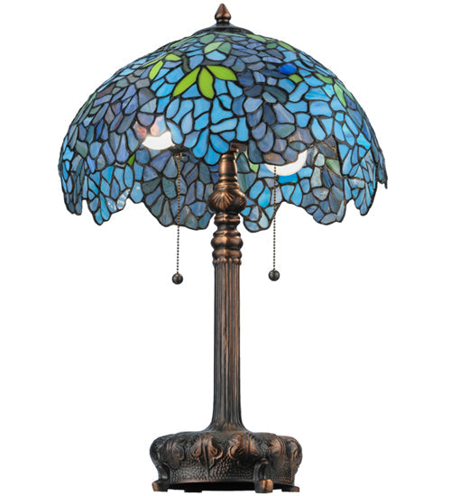 Meyda Lighting Tiffany Wisteria 25" 2-Light Mahogany Bronze Table Lamp With Blue and Green Shade Glass