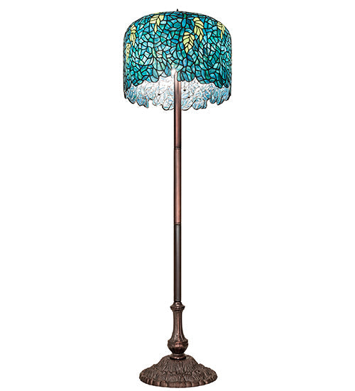 Meyda Lighting Tiffany Wisteria 252160 62" 3-Light Mahogany Bronze Floor Lamp With Green & Blue Stained Shade Glass