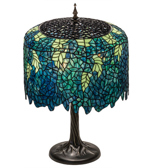 Meyda Lighting Tiffany Wisteria 29" 3-Light Mahogany Bronze Table Lamp With Green Shade Glass