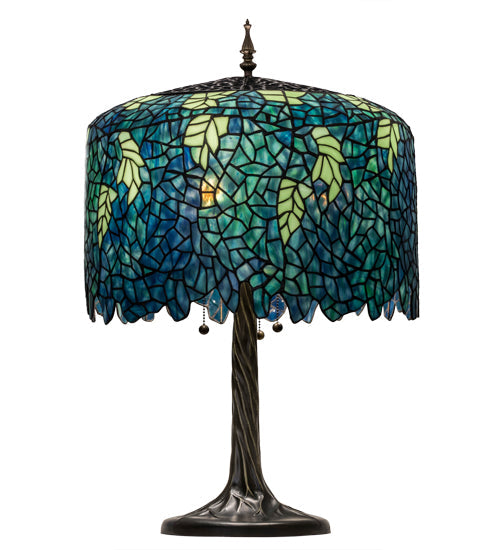 Meyda Lighting Tiffany Wisteria 29" 3-Light Mahogany Bronze Table Lamp With Green Shade Glass