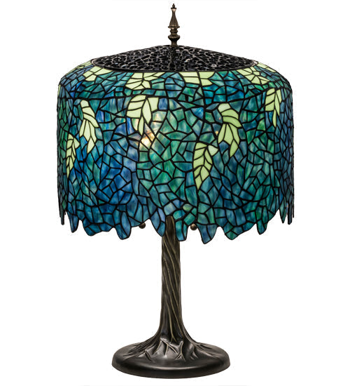 Meyda Lighting Tiffany Wisteria 29" 3-Light Mahogany Bronze Table Lamp With Green Shade Glass