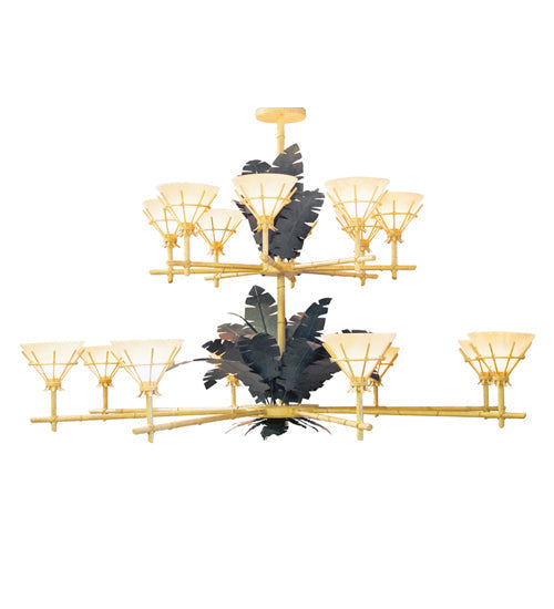 Meyda Lighting Tiki 96" 16-Light 2-Tier Bamboo Chandelier With White Scavo Shade Glass