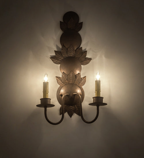 Meyda Lighting Tole Leaf 12" 2-Light Antique Rust Wall Sconce With Ivory Faux Candlelight