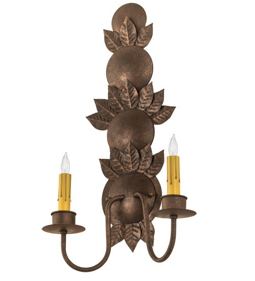 Meyda Lighting Tole Leaf 12" 2-Light Antique Rust Wall Sconce With Ivory Faux Candlelight