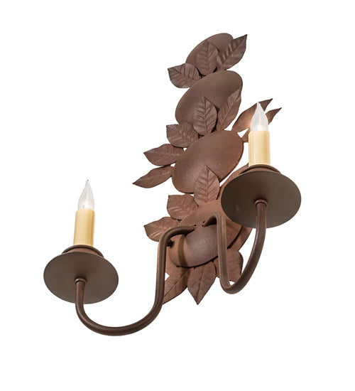 Meyda Lighting Tole Leaf 12" 2-Light Wrought Iron On Rust Wall Sconce With Ivory Faux Candlelight