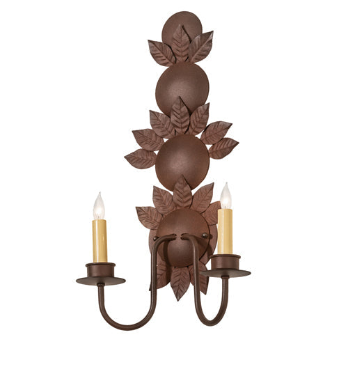 Meyda Lighting Tole Leaf 12" 2-Light Wrought Iron On Rust Wall Sconce With Ivory Faux Candlelight