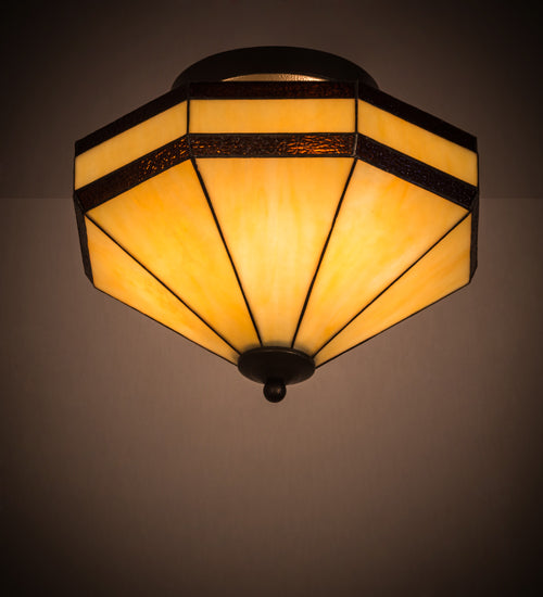 Meyda Lighting Topridge 14" 3-Light Textured Timeless Bronze Semi-flush Mount Light With Beige & Rootbeer Art Shade Glass