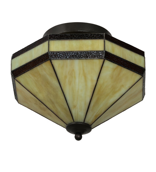 Meyda Lighting Topridge 14" 3-Light Textured Timeless Bronze Semi-flush Mount Light With Beige & Rootbeer Art Shade Glass