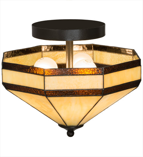 Meyda Lighting Topridge 14" 3-Light Textured Timeless Bronze Semi-flush Mount Light With Beige & Rootbeer Art Shade Glass