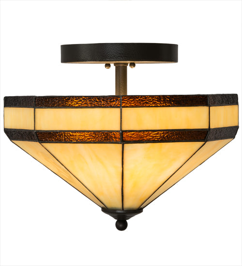 Meyda Lighting Topridge 14" 3-Light Textured Timeless Bronze Semi-flush Mount Light With Beige & Rootbeer Art Shade Glass