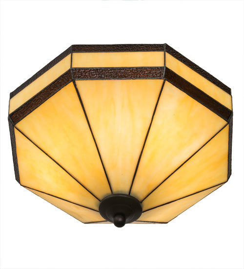 Meyda Lighting Topridge 14" 3-Light Textured Timeless Bronze Semi-flush Mount Light With Beige & Rootbeer Art Shade Glass