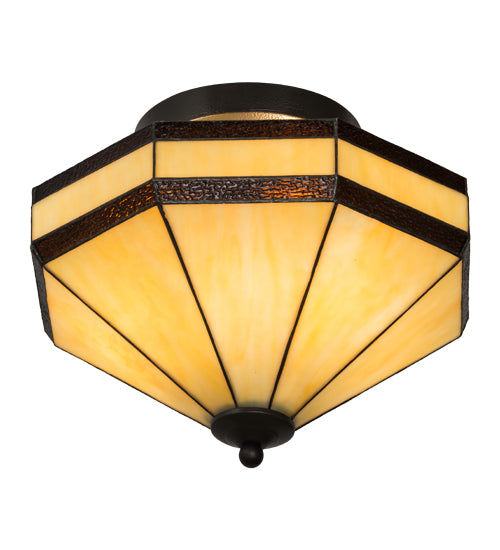 Meyda Lighting Topridge 14" 3-Light Textured Timeless Bronze Semi-flush Mount Light With Beige & Rootbeer Art Shade Glass