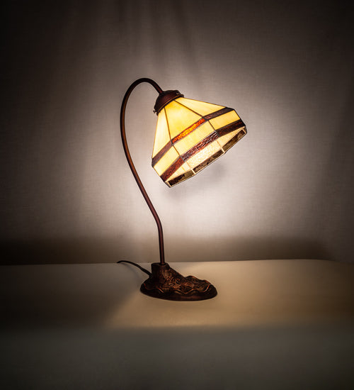 Meyda Lighting Topridge 18" Mahogany Bronze Desk Table Lamp With Beige & Brown Stained Shade Glass