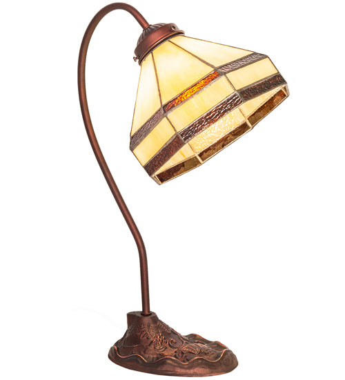 Meyda Lighting Topridge 18" Mahogany Bronze Desk Table Lamp With Beige & Brown Stained Shade Glass