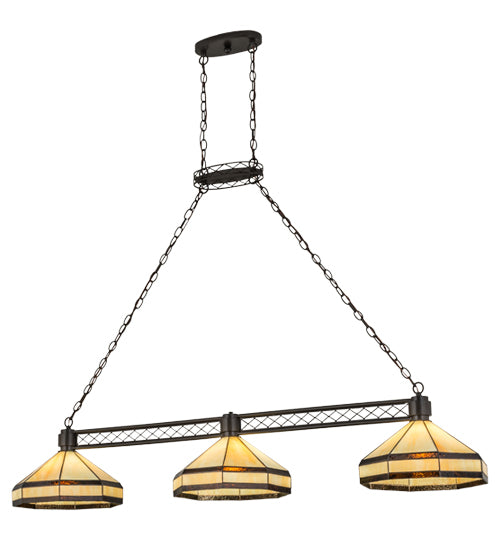 Meyda Lighting Topridge 62" 3-Light Timeless Bronze Island Pendant Light With Beige & Brown Stained Shade Glass