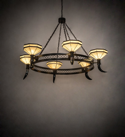 Meyda Lighting Topridge 72" 6-Light Timeless Bronze Chandelier With Beige & Brown Stained Shade Glass