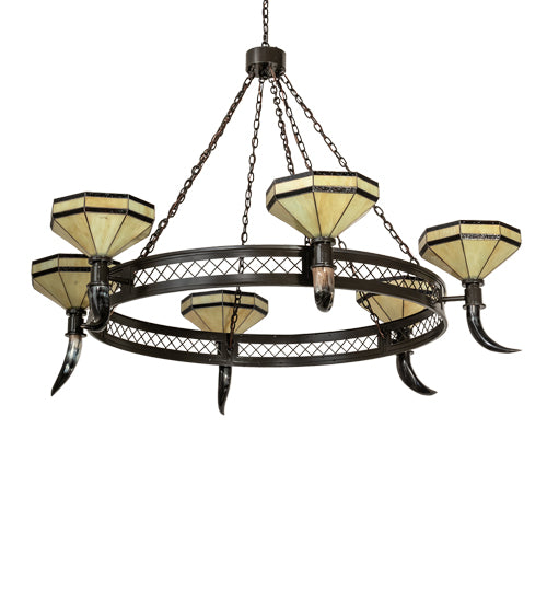 Meyda Lighting Topridge 72" 6-Light Timeless Bronze Chandelier With Beige & Brown Stained Shade Glass