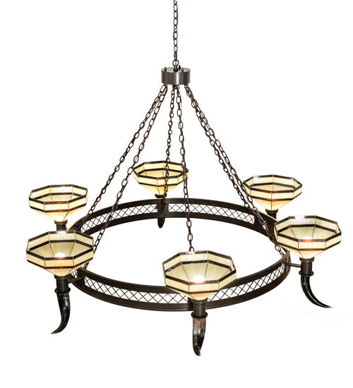 Meyda Lighting Topridge 72" 6-Light Timeless Bronze Chandelier With Beige & Brown Stained Shade Glass